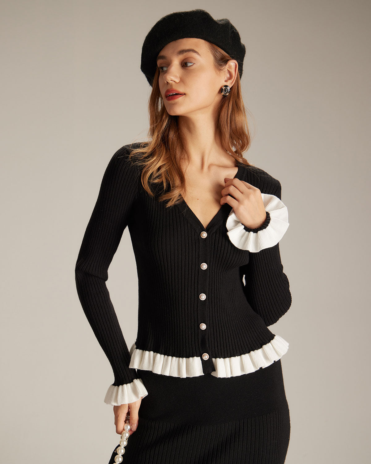 ClassyLondon™ | Neck Contrast Trim Ruffle Cardigan